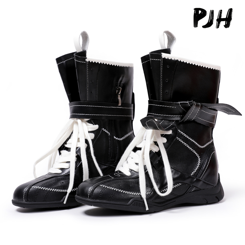 Niche Design Boxing Boots for Women, Spring and Summer Round-Toe Suede Lace-Up Sports Short Boots, Retro Height-Increasing German Training Boots