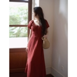 贰羊设计 Синий корсет, платье, длинная юбка, китайский стиль, рукава фонарики, из хлопка и льна