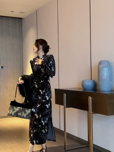 Дизайнерский ретро бархатный лонгслив, ципао, платье, китайский стиль