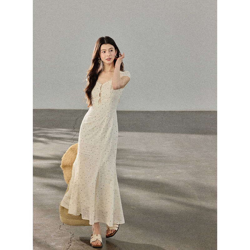 Er Yang Design [Timeless Memories] 100% Cotton Vintage Square Neck Dress for Women with Lace Hollow Embroidery and Polka Dot Long Dress