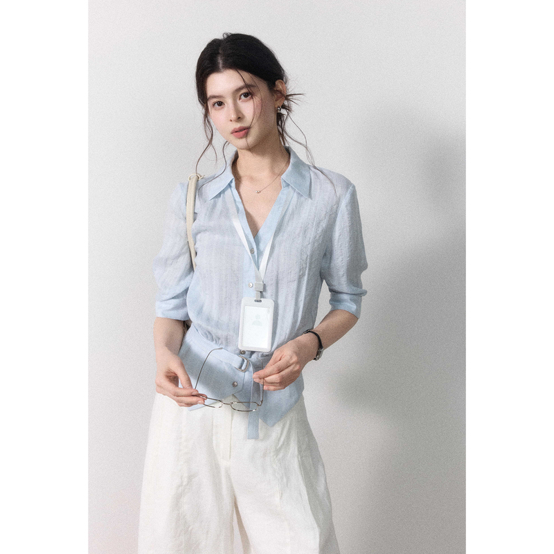 Er Yang Design [Mirror Listening] 100 Lyocell Gentle Commuting Style Lace-Up Blue Shirt Women's Casual Versatile Top