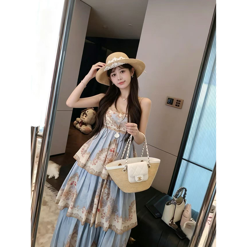 French Resort Style Heavy-Duty Printed Spaghetti Strap Dress for Women, 2026 Spring New High-End Backless Lace-Up Long Dress