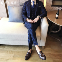 Suit mens suit wedding jacquard dinner groom dress self-cultivation host trend print suit three-piece set