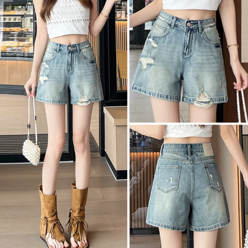 Vintage Ripped Denim Shorts for Women, 2026 Summer New Style, A-Line, Tummy Control, Petite Wide-Leg Shorts