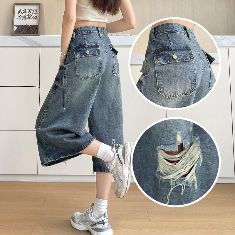 Vintage High Street Ripped Denim Shorts for Women, Summer Thin 2026 Super Trendy New Straight-Leg 7/8 Length Pants