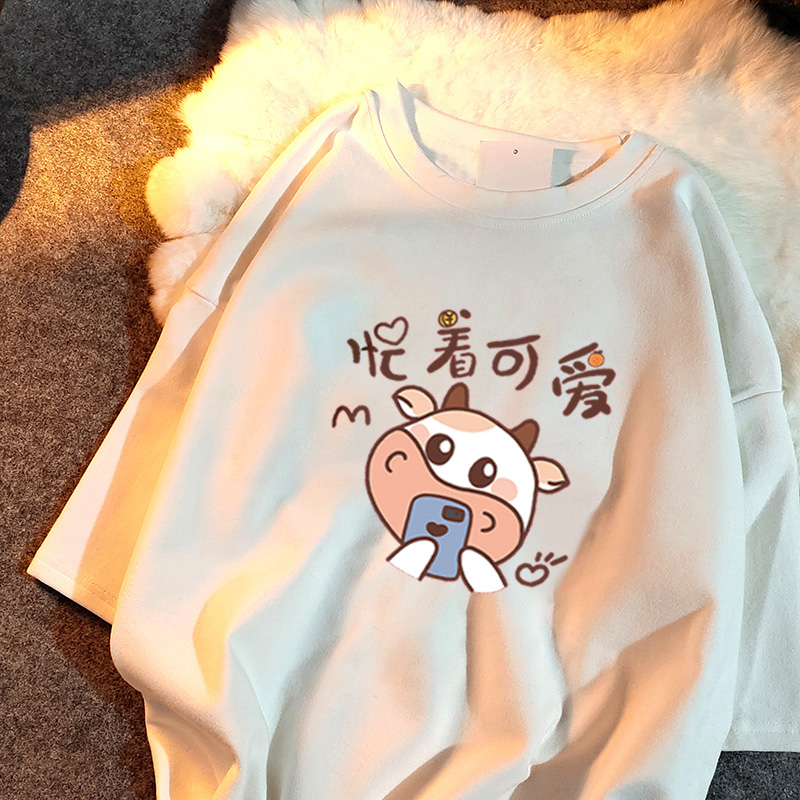 Official map real price cotton 2021 spring and summer new loose year of the ox cartoon print pattern short sleeve T-shirt for women