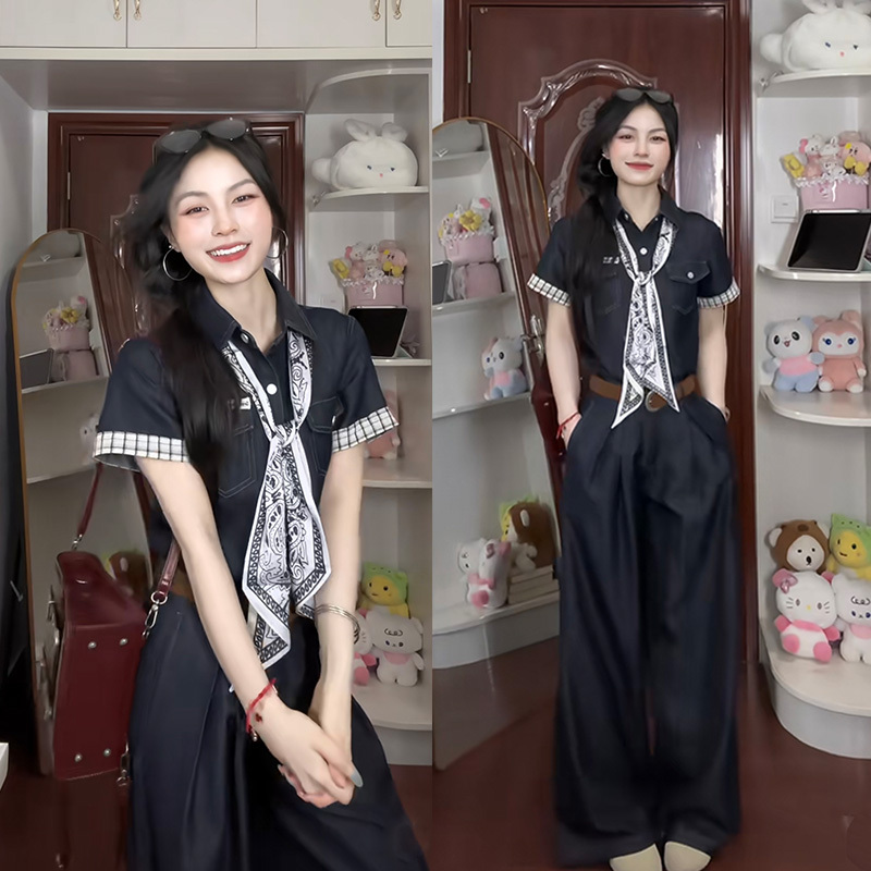 Summer Wild Space Women's Short-Sleeve Shirt and Denim Set, Women's Summer Wide-Leg Pants 2026 Super Popular Summer Outfit Complete Set Summer Wild Space Women's Short-Sleeve Shirt and Denim Set, Women's Summer Wide-Leg Pants 2026 Super Popular Summer Outfit Complete Set