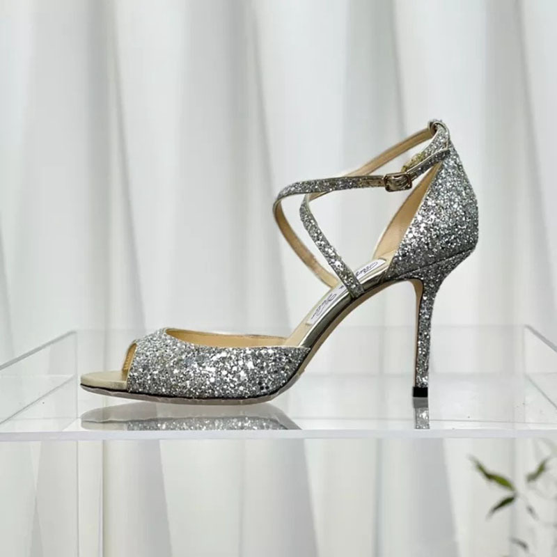 High-Heeled Hollow Round-Toe Stiletto Sweet Strappy Peep-Toe Shoes with Buckle Silver High Heels