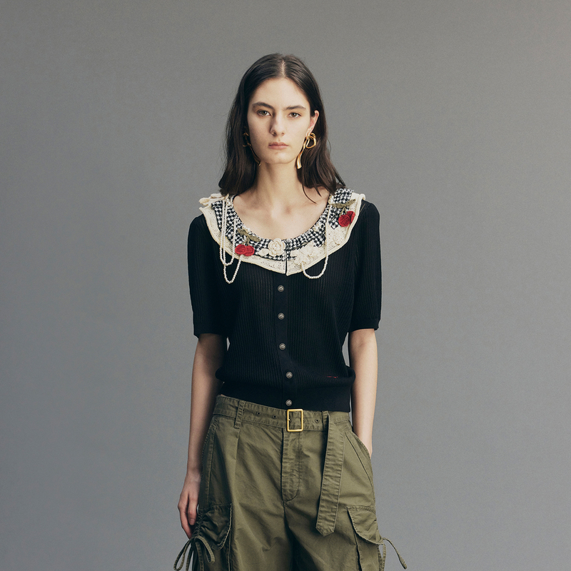 Uooyaa/Wu Ya 2026 Autumn New Collection'Grandma Sweater' Series Lace Plaid Collar Handmade Sweater