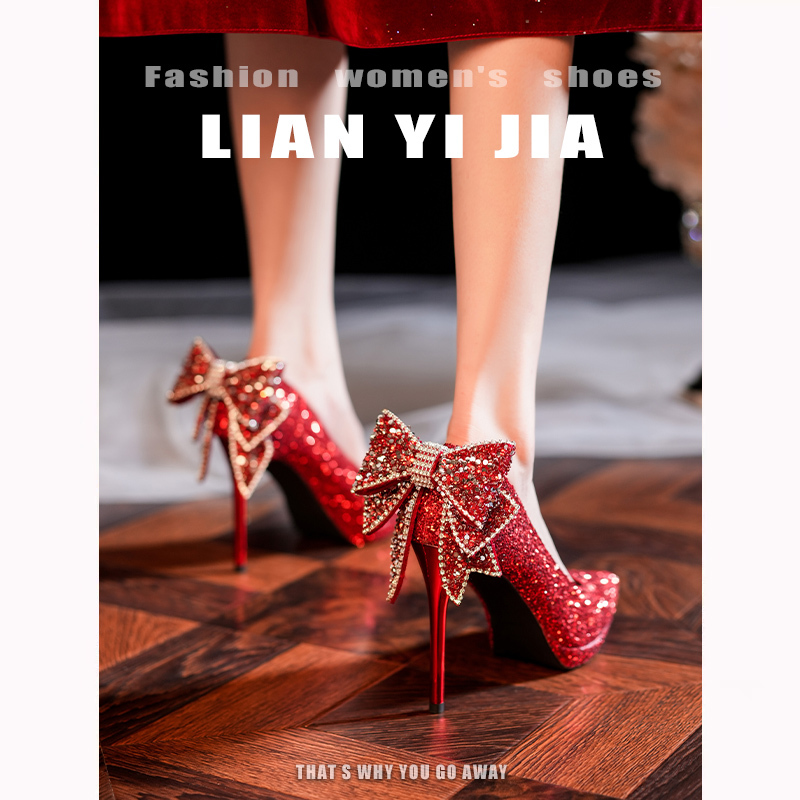 [Lianyijia] Wedding Shoes, High Heels, Platform Shoes, French Crystal Shoes, Bow-Knot, Elegant Lady Style, Banquet Bridesmaid Shoes