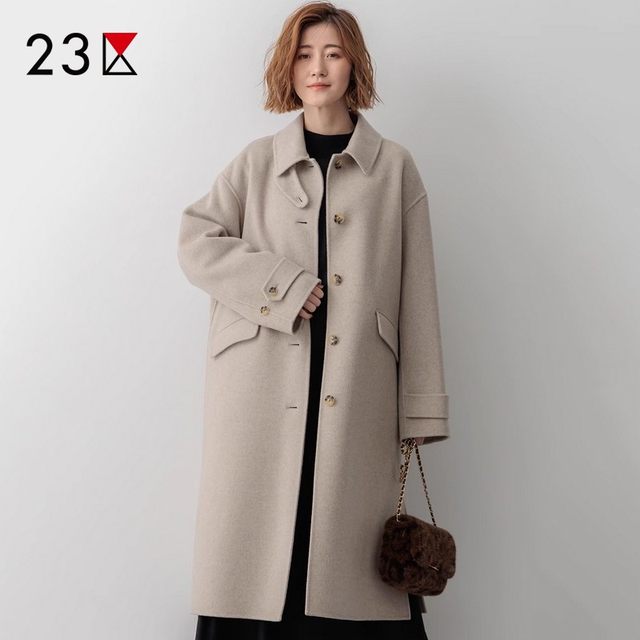 23区日系春季通勤宽松版纯羊毛方领中长款毛呢大衣外套商场同款