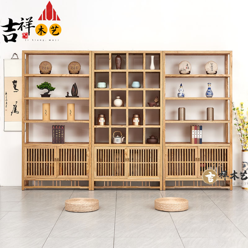 Chinese-style solid wood with light tea Bogu rack elm tea set teacup teapot display cabinet Duobaoge tea room rack