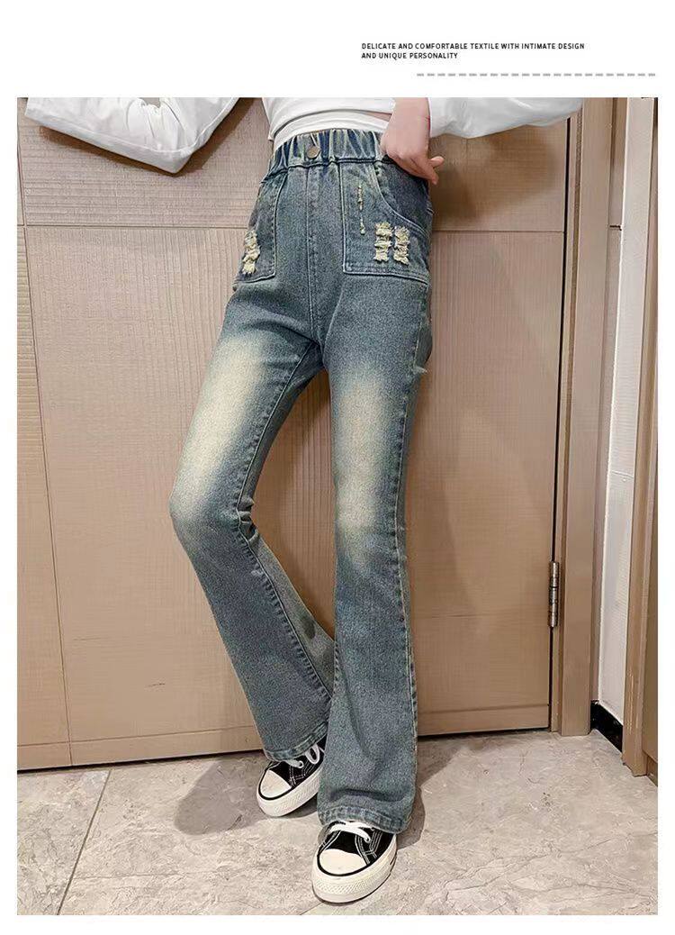 Джинсы детские 女童喇叭裤秋冬新款儿童加绒牛仔裤韩版洋气中大童时尚显瘦微喇裤