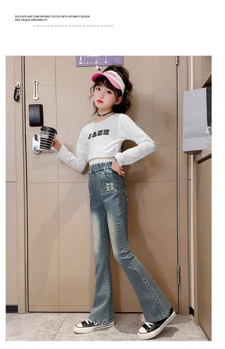 Джинсы детские 女童喇叭裤秋冬新款儿童加绒牛仔裤韩版洋气中大童时尚显瘦微喇裤