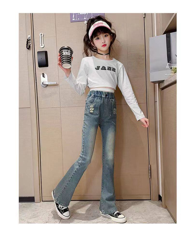 Джинсы детские 女童喇叭裤秋冬新款儿童加绒牛仔裤韩版洋气中大童时尚显瘦微喇裤