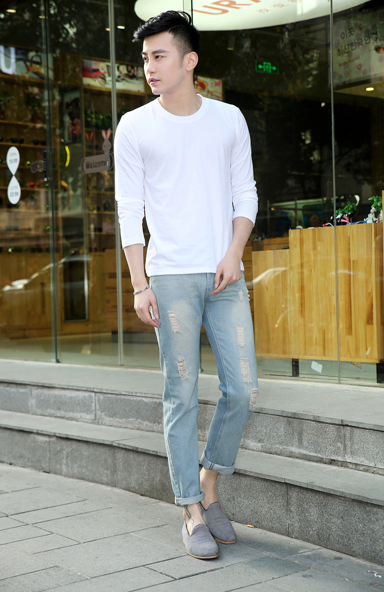 Áo thun nam tay dài cotton cổ tròn Slim size cỡ lớn màu trắng tinh khiết Hàn Quốc áo thun nam chạm đáy áo mùa thu quần áo t shirt skull