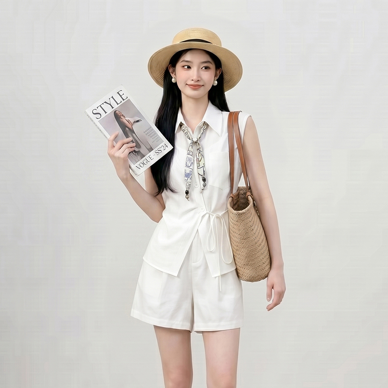 White Old Money Style Women's Summer 2026 New Design Set, Elegant and Relaxed Shirt and Shorts Two-Piece Set White Old Money Style Women's Summer 2026 New Design Set, Elegant and Relaxed Shirt and Shorts Two-Piece Set