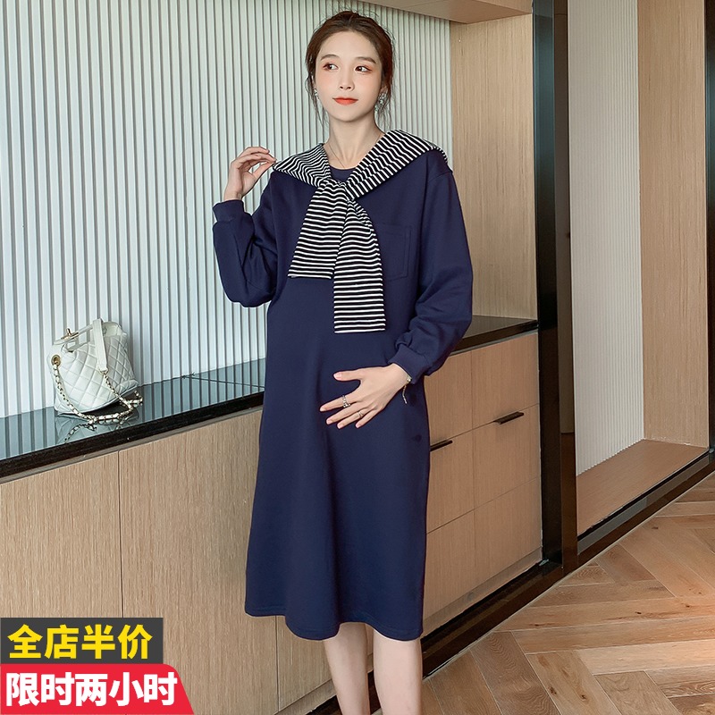 Gestational Woman Dress 2021 Autumn Dress New Fashion Middle Long Version Autumn Winter Necropolis Dress Foreign Pie Minus Age Early Winter Gestation