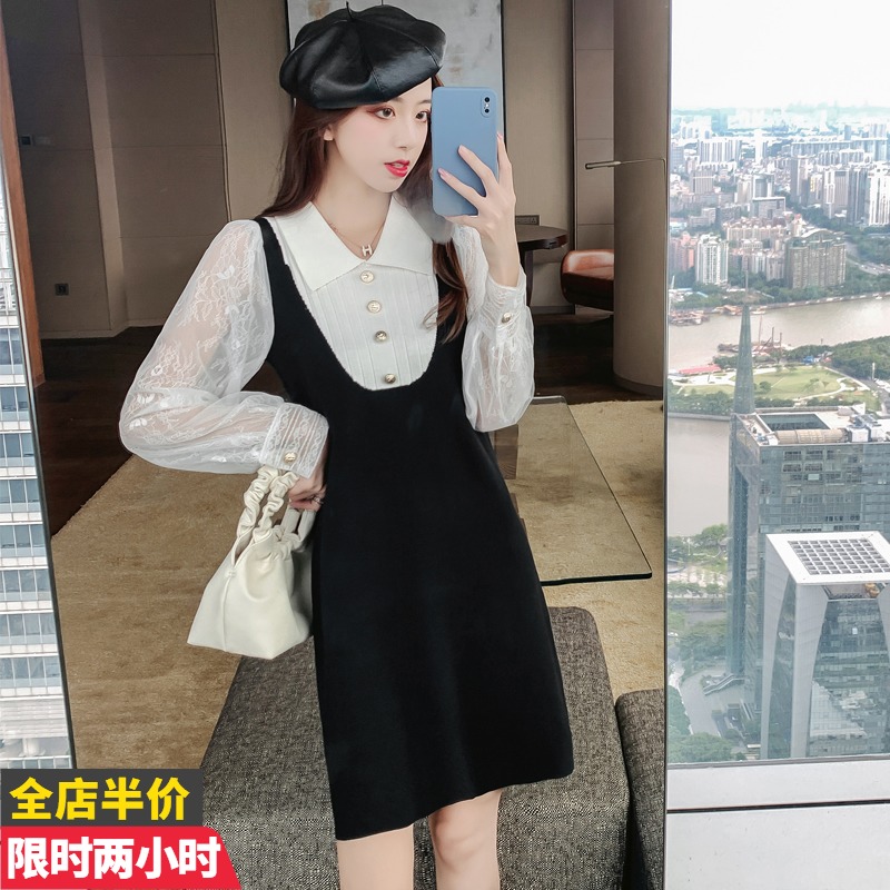 Gestational woman dress 2021 Early autumn new foreign style Fashion Explicit slim turnover Goddess Van Lantern Sleeve Knit Foreign Dress