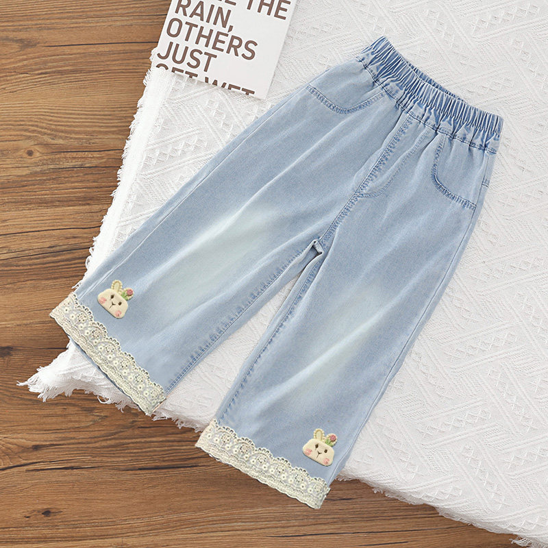 女の子用テンセルデニムストレートレッグパンツ、夏用ワイドレッグパンツ、ベビーガールズ用テンセルウォッシュドソフトデニムジーンズ