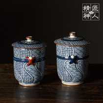 Spot Japan imported Arita yaki blue and white decoration couple cup with lid Teacup Couple cup wooden box