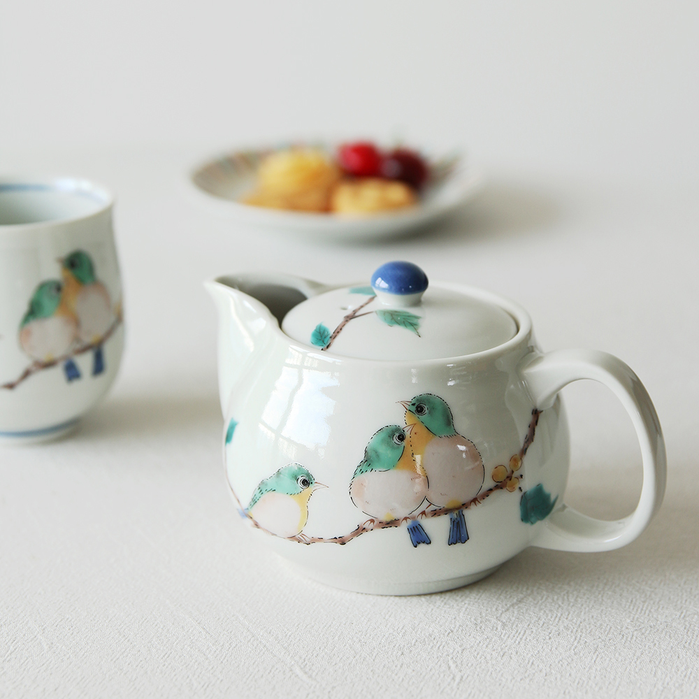 日本进口九谷烧山雀茶壶茶杯绣眼鸟茶具小鸟壶杯子田园风茶器