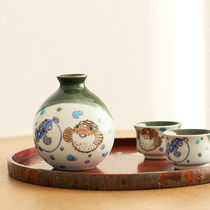 Spot (one pot and two cups)Japan imported Kutani Yaki cute fun puffer fish jug wine glass set wine gift box