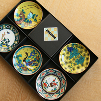 Spot Japan imported Kutani-yaki painted flowers and birds small dish set Glazed color round dish tableware gift box