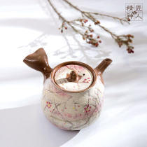 Spot Japan imported Shimizu-yaki handmade coarse pottery teapot hand-painted cherry blossom side handle Yokote urgent must retro style