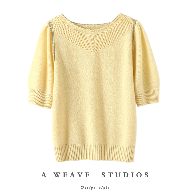 Fragrant and Beautiful! Stunning! Cashmere Short-Sleeved Women's Round-Neck Sweater with Gold Trim, Pure Cashmere Sweater for Women