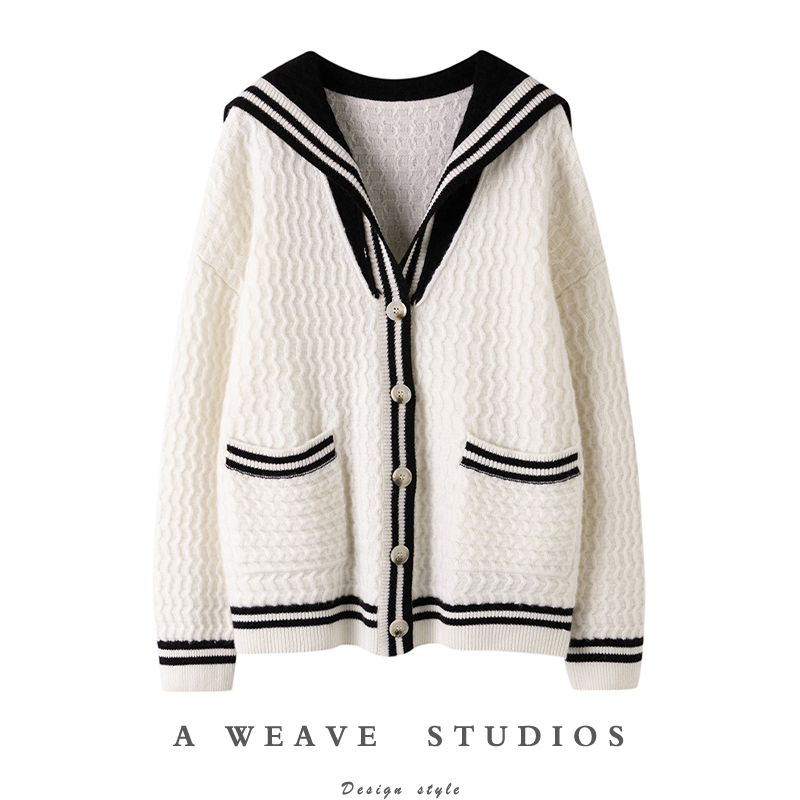 Winter Phoenix Time Capsule~2024 College Style Sweater Covering Flaws Jacket Navy Collar Knitted Cashmere Cardigan