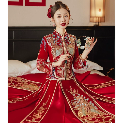 Бархатный традиционный свадебный наряд Сюхэ, свадебное платье, коллекция 2023, дракон и феникс