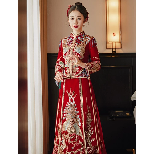 Бархатный традиционный свадебный наряд Сюхэ, свадебное платье, коллекция 2023, дракон и феникс
