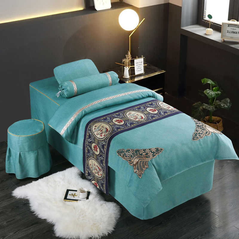 Beauty bed cover four-piece cotton and Hemp high-grade Nordic style simple small luxury beauty salon body massage bed set custom