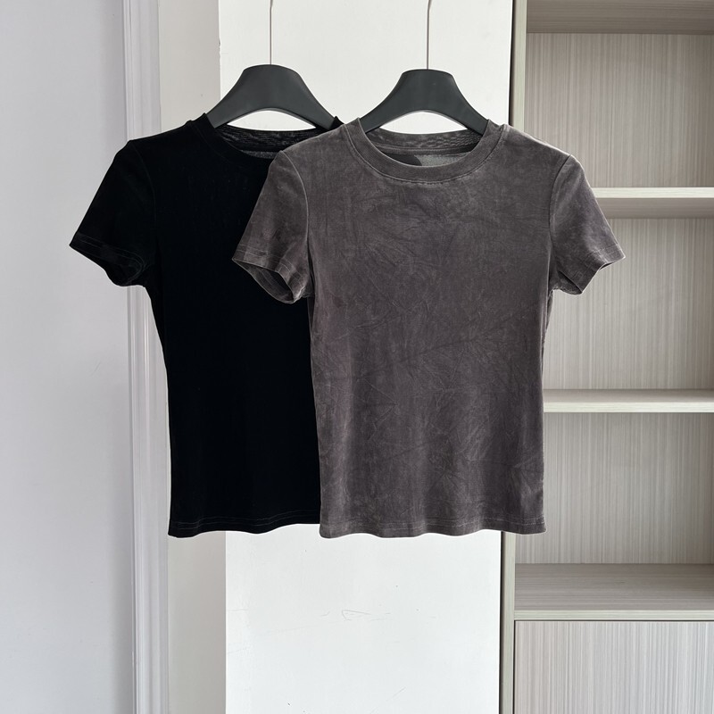 High-End Velvet Women's Clothing 2025 Early Autumn New Versatile Round-Neck Velvet Short-Sleeve T-Shirt Top for Women, Slimming High-End Velvet Women's Clothing 2025 Early Autumn New Versatile Round-Neck Velvet Short-Sleeve T-Shirt Top for Women, Slimming