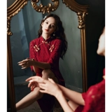 Красное ципао, вечернее платье, платье с рукавами, осеннее свадебное платье, юбка, коллекция 2023, китайский стиль