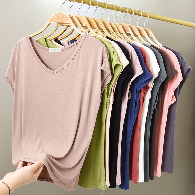 Modale Sleeveless T-shirt Woman Summer Thin 100 lap loose undershirt pure color V collar short sleeve student minimalist blouse