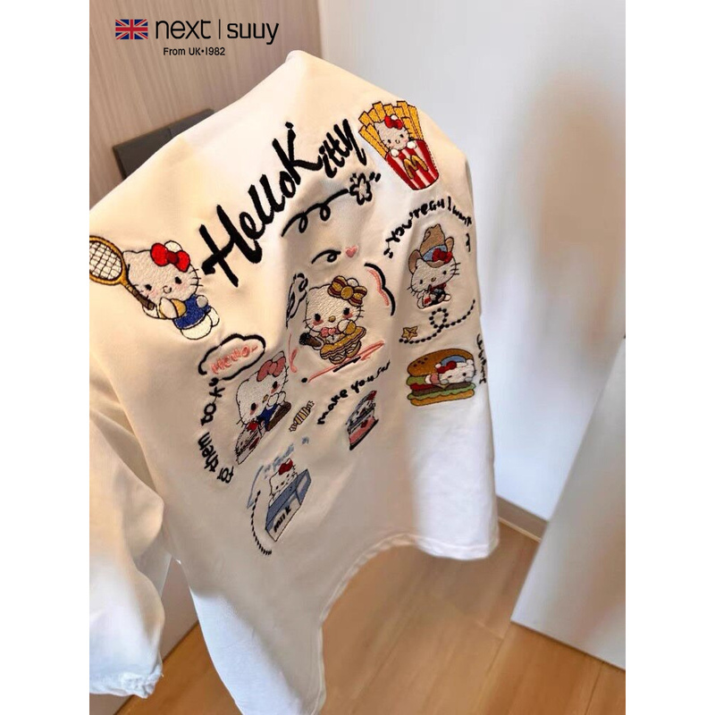 Next Suuy British Co-Branded Korean Style Cute Embroidered Cat White Short-Sleeved T-Shirt Women's Summer New Half-Sleeved Top