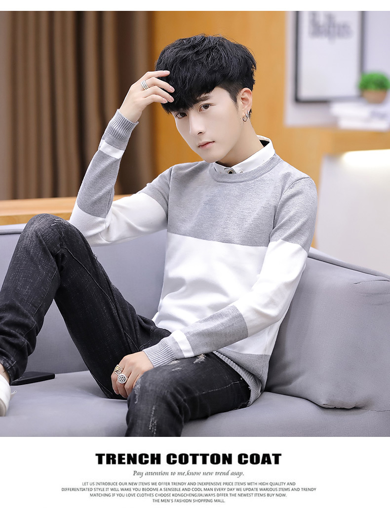 Áo len mùa thu đông cổ áo sơ mi nam cổ yếm giả hai mảnh Áo len mỏng cộng với nhung dày chì xu hướng - Cặp đôi áo len áo đôi phong cách