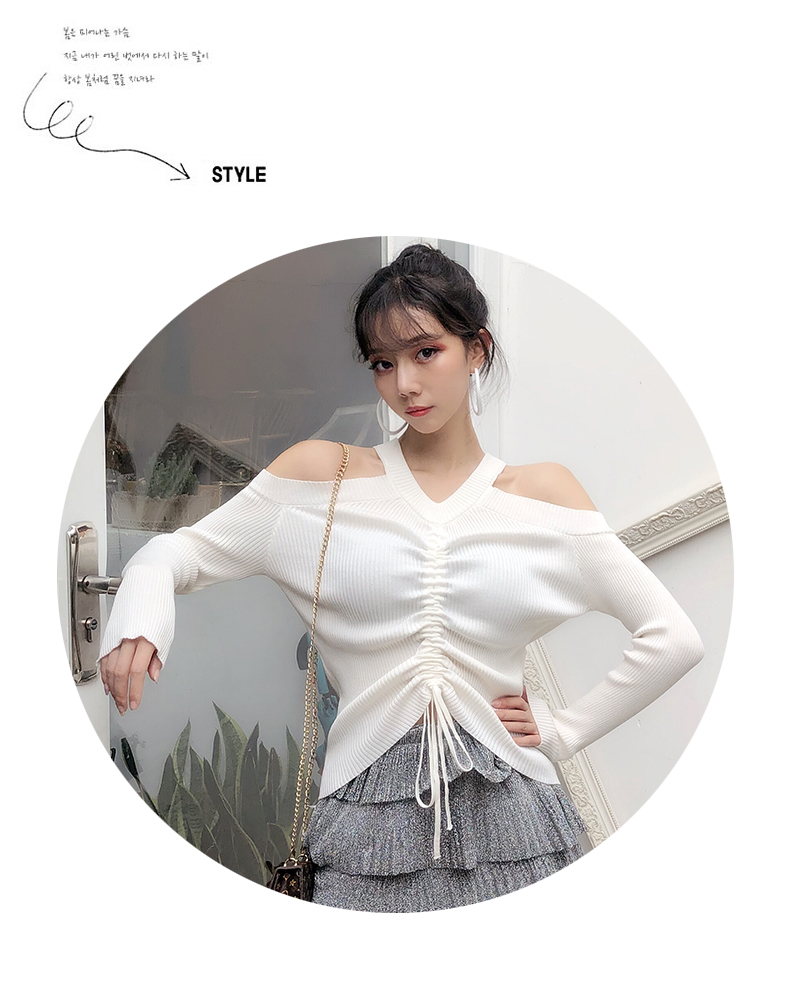 Áo thun trễ vai nữ thu đông 2019 mới mùa thu đông mới áo len nữ hàng hiệu