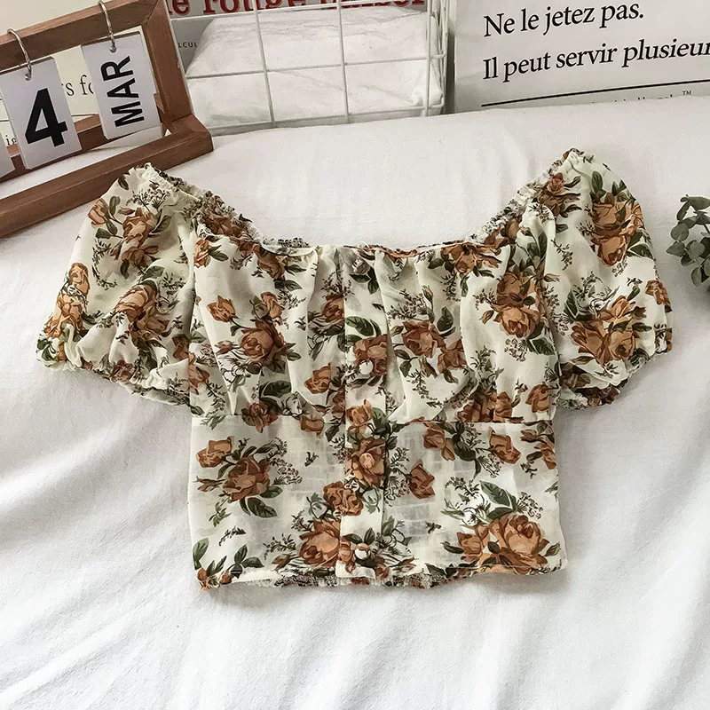 Будьте осторожны, sexy шифоновая блузка с one-shoulder, женский летний топ короткого стиля, цветочная цветочная блузка, дизайн с коротким рукавом