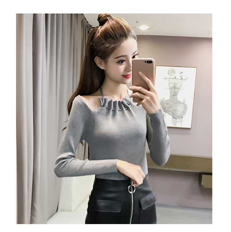 Áo mới lệch vai 2018 Kiểu dáng mỏng khoe vai gợi cảm khí chất gợi cảm dài tay áo len đen nữ mùa thu đông áo khoác len mỏng