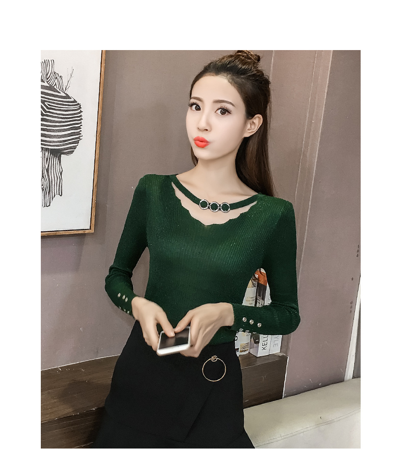 Mùa thu đông xanh áo thun nữ Slim mỏng áo khoác ngắn bó sát phần mỏng chạm đáy áo len dài tay cổ chữ V áo khoác len