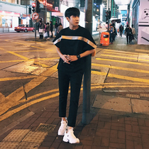 Bat sleeve t-shirt mens summer new Korean version loose short-sleeved T-shirt male student tide brand striped bat shirt half-sleeve