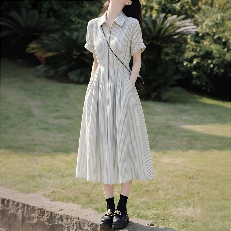 French-Style Striped Shirt Dress for Women, New Summer Style, Waist-Cinching, Slimming, Thin, Age-Reducing Shirt Dress, Mid-Length