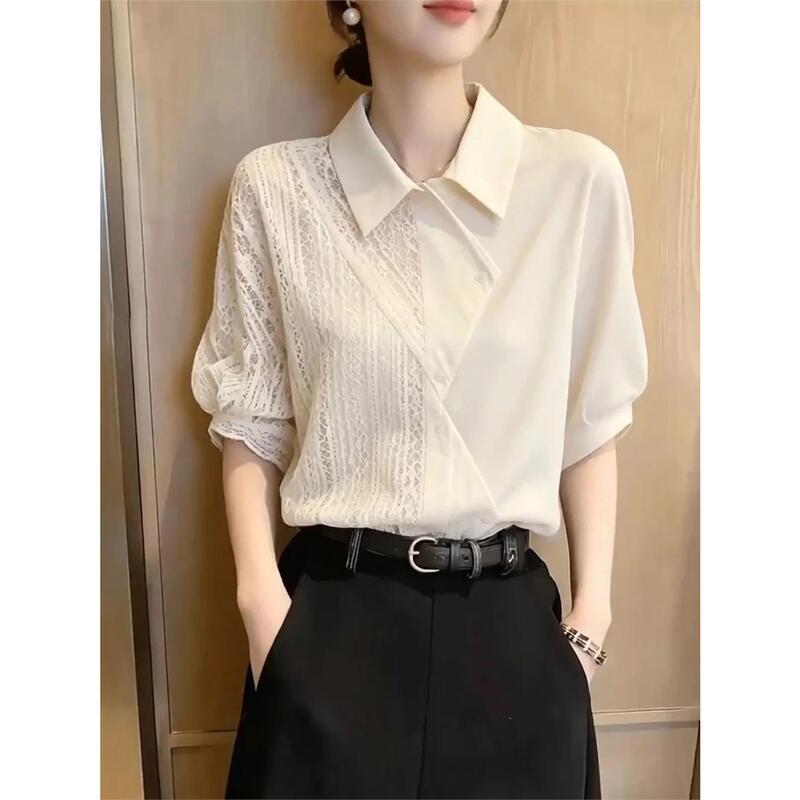 French-Style White Lace Patchwork Short-Sleeved Shirt for Women, Summer Turn-Down Collar Lightweight Shirt, Elegant Blouse, Versatile Top
