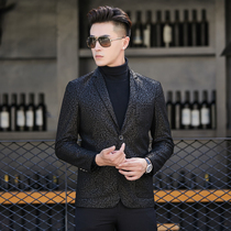 Off-code clearance sheepskin leather suit collar leather printed slim fashion single button jacket trend autumn and winter jacket