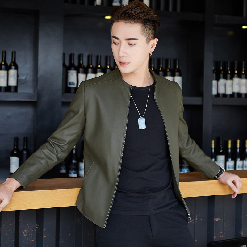 Leather jacket da đầu máy dài sleeveth mỏng Hàn Quốc phiên bản của cổ áo đẹp trai trẻ cừu Haining da áo khoác