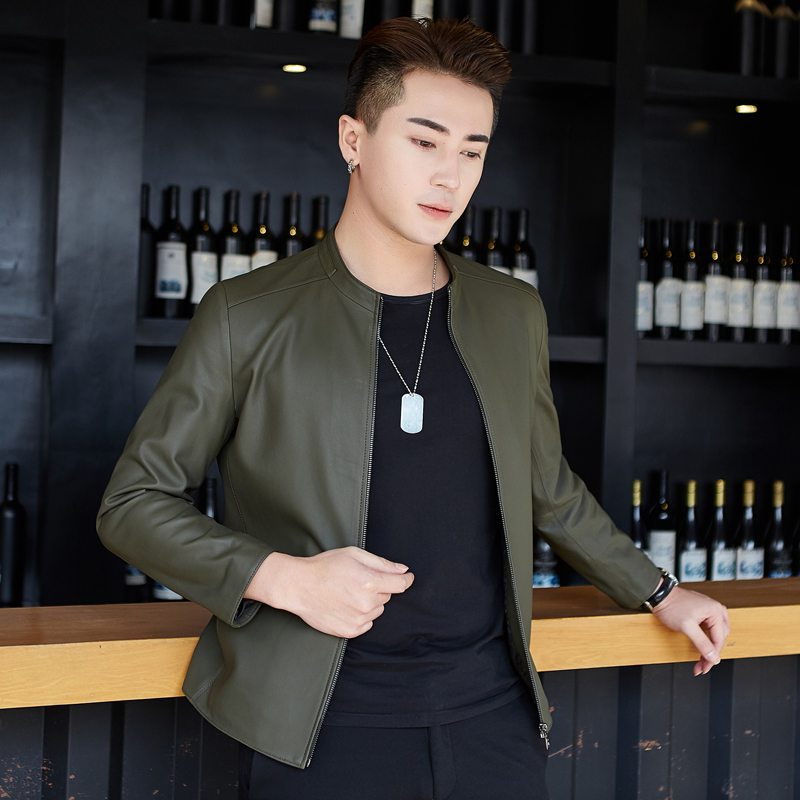 Leather jacket da đầu máy dài sleeveth mỏng Hàn Quốc phiên bản của cổ áo đẹp trai trẻ cừu Haining da áo khoác