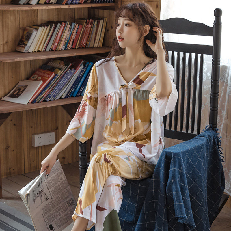 Spring Summer Cotton Silk Pyjamas Women's Home Dress Youth Long Sleeves Silk Oriental Silk Oriental Silk Mother Artificial Cotton Suit Loose Thin